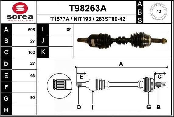 Полуось (привод в сборе, приводной вал) EAI передняя левая для Nissan Almera N16 2000-2006. Артикул T98263A