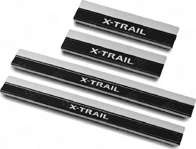 Накладки RusStal на пороги (нерж., карбон, надпись) для Nissan X-Trail T32 2015-2026. Артикул NIXTR15-06