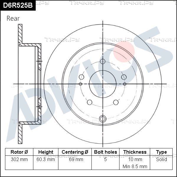 Тормозной диск Advics задний для Mitsubishi Endeavor 2003-2011. Артикул D6R525B