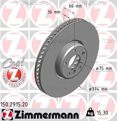 Тормозной диск Zimmermann Coat Z передний правый для BMW 5 VI (F10/F11/F07) 2009-2017. Артикул 150.2915.20