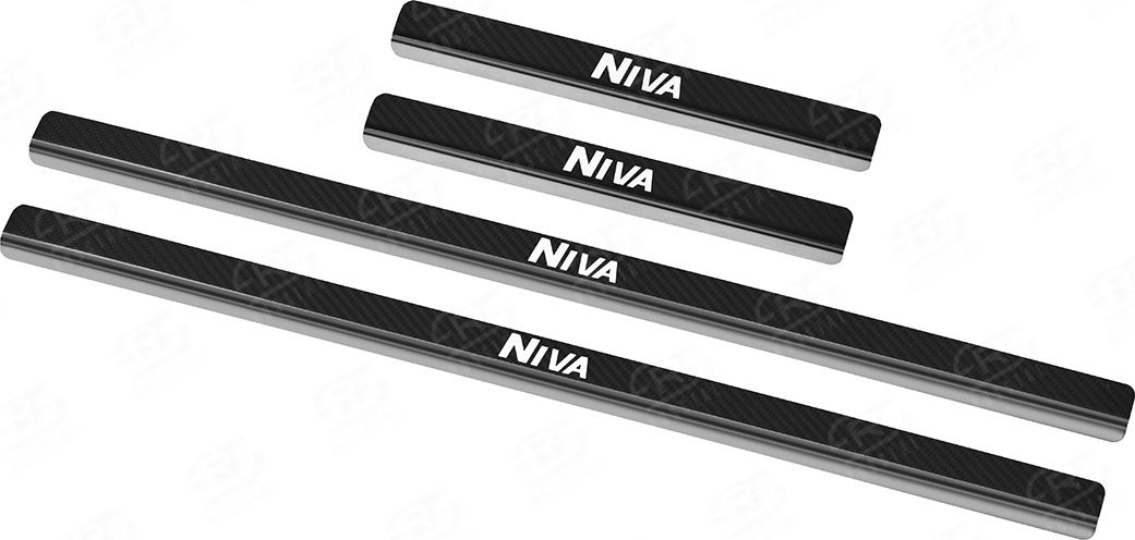 Накладки RusStal на пороги (лист нерж. карбон с надписью) для Lada Niva Travel 2021-2026. Артикул LANIVT21-06