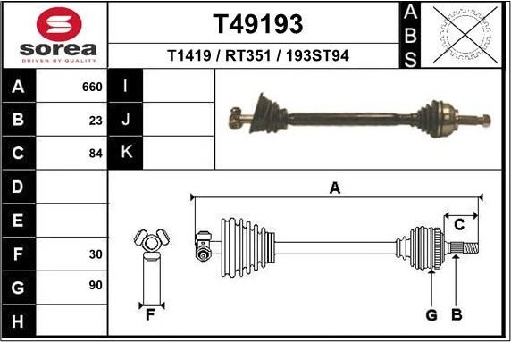 Полуось (привод в сборе, приводной вал) EAI. Артикул T49193