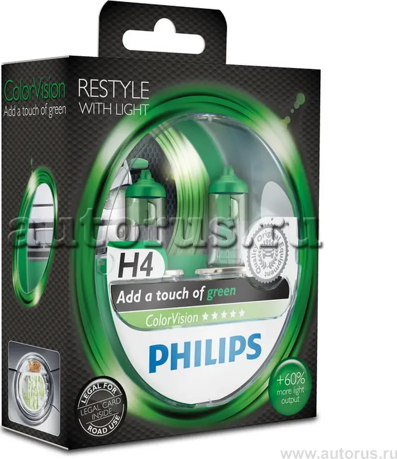 Лампа, галоген H4 12V- 6055W P43t белый свет-отен.зелен. в фар.нелинз. Color Vision 2шт (Philips) Philips. Артикул 12342CVPGS2