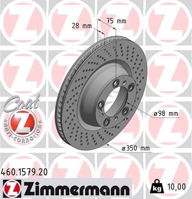 Тормозной диск Zimmermann Coat Z для Porsche 911 VIII (992) 2019-2026. Артикул 460.1579.20