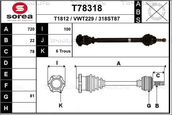 Полуось (привод в сборе, приводной вал) EAI. Артикул T78318