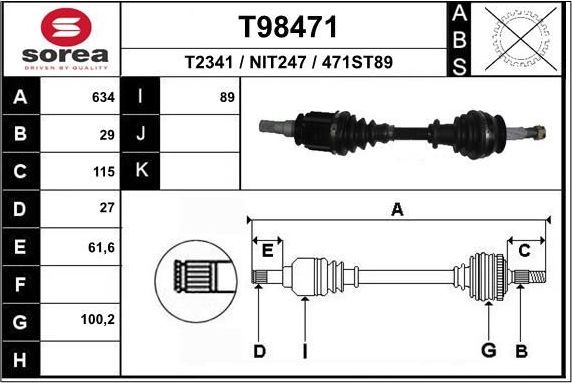 Полуось (привод в сборе, приводной вал) EAI. Артикул T98471