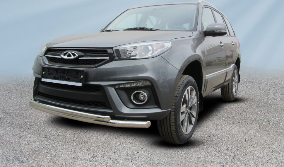 Защита Slitkoff переднего бампера d57+d42 двойная для Chery Tiggo 3 2017-2020. Артикул CT3-002