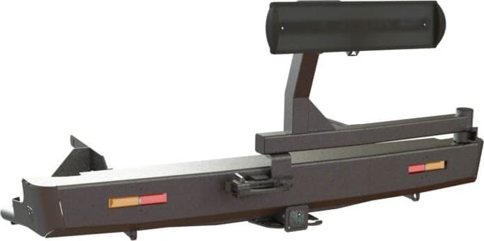 Бампер силовой STC задний для Toyota Hilux VI 1997-2004 с квадратом под фаркоп, кронштейном крепления запасного колеса по центру и кронштейном крепления гос номера и дублирующими фонарями. Артикул STC-TH97-BR-C1-L1