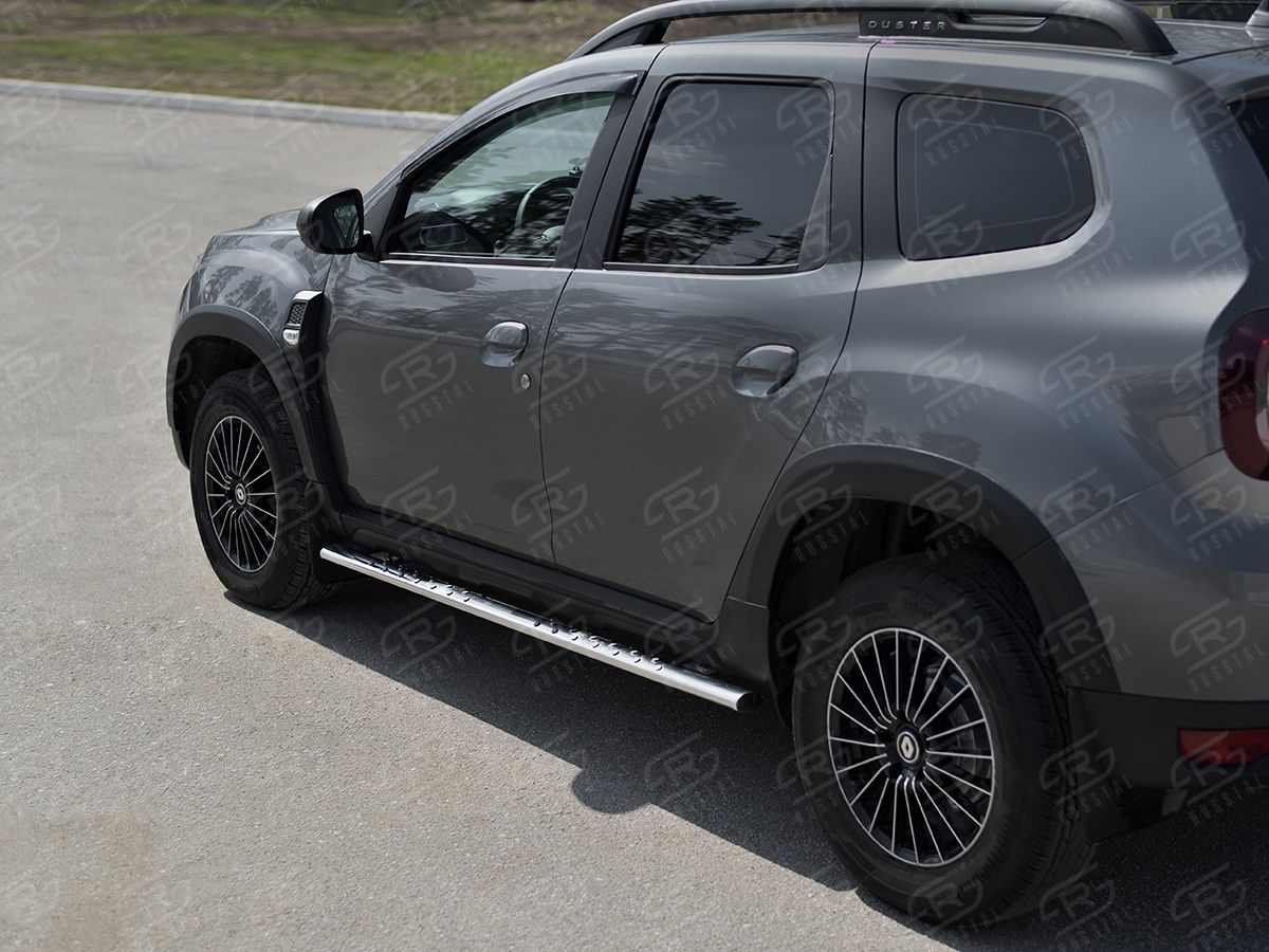 Защита порогов RusStal труба 75х42 овал с проступью для Renault Duster II 2021-2026. Артикул RDO-003804