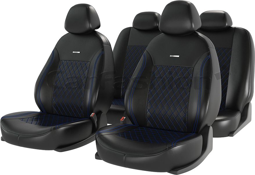 Чехлы универсальные CarFashion Atom Leather Ромб на сидения авто, цвет Черный/Черный/Синий. Артикул 11147