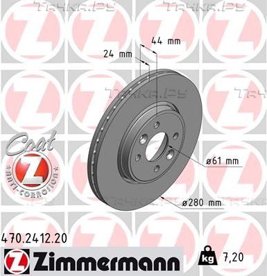 Тормозной диск Zimmermann Coat Z передний для Renault Kangoo I 2001-2009. Артикул 470.2412.20
