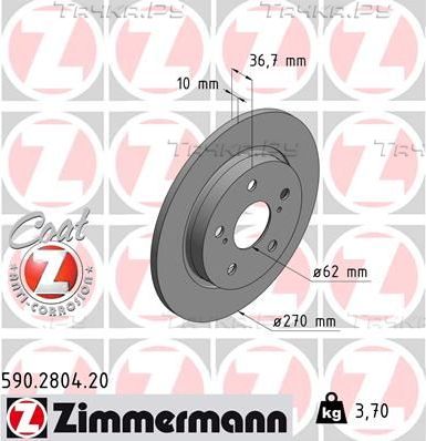 Тормозной диск Zimmermann Coat Z задний для Toyota Corolla E170, E180 2013-2018. Артикул 590.2804.20