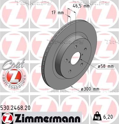 Тормозной диск Zimmermann Coat Z задний для Subaru Legacy VI 2015-2026. Артикул 530.2468.20