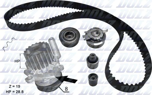 Помпа (водяной насос) с комплектом ремня ГРМ Dolz для Volkswagen Tiguan I 2007-2018. Артикул KD100