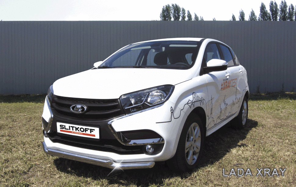 Защита Slitkoff переднего бампера d57 + d42 двойная для Lada Xray 2015-2026. Артикул LadXR003