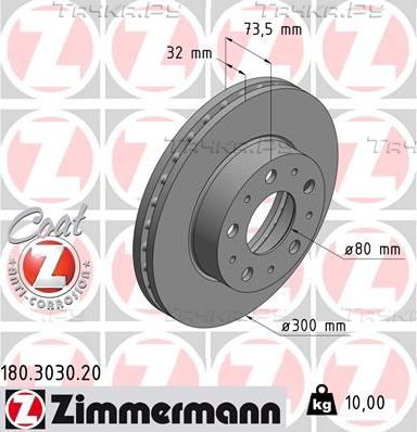 Тормозной диск Zimmermann Coat Z передний для Citroen Jumper II 2015-2019. Артикул 180.3030.20