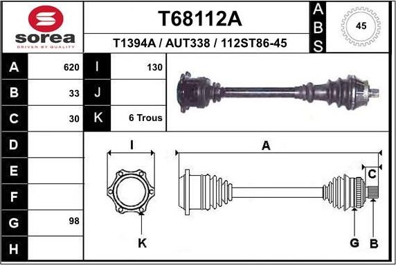 Полуось (привод в сборе, приводной вал) EAI передняя правая для Audi A4 I (B5) 2000-2001. Артикул T68112A