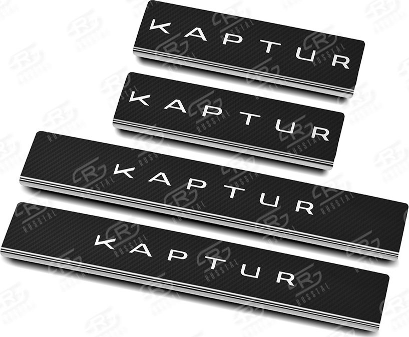 Накладки RusStal на пороги (лист нерж. карбон с надписью) для Renault Kaptur I 2016-2026. Артикул RNKP16-06