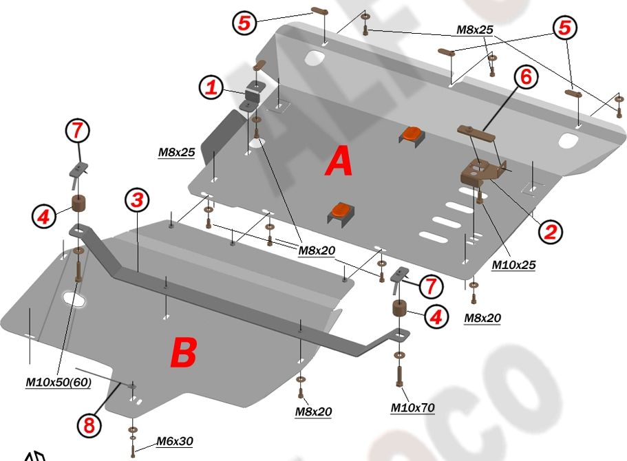 Защита алюминиевая Alfeco для картера и КПП Mercedes-Benz Vito 119 BLUETEC Tourer 4WD 2014-2026. Артикул ALF.36.19al