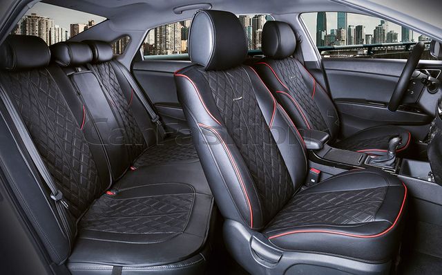 Накидки универсальные CarFashion Balaton с юбкой на задние сиденья авто, цвет Черный/Черный/Красный. Артикул 24068