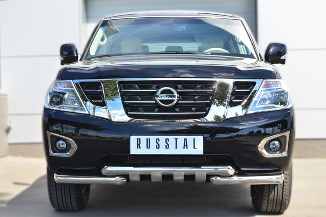 Защита RusStal переднего бампера d76 (дуга) d76х2 (дуга) + клыки для Nissan Patrol Y62 2014-2026. Артикул PATZ-001728