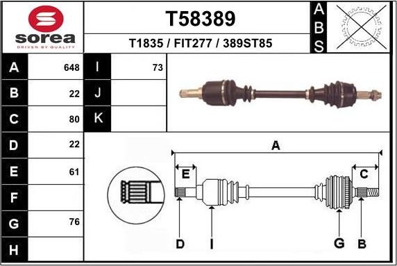 Полуось (привод в сборе, приводной вал) EAI. Артикул T58389