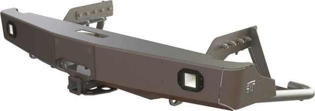 Бампер силовой STC задний для Mitsubishi L200 V 2019-2026 с квадратом под фаркоп, площадкой под лебедку и фарами заднего хода/ ПТФ. Артикул STC-ML200/19-BR-W-L2