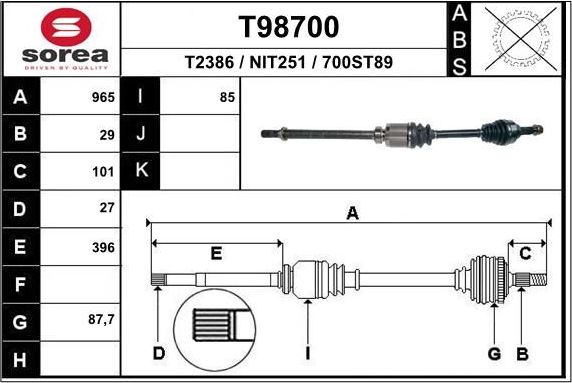 Полуось (привод в сборе, приводной вал) EAI. Артикул T98700