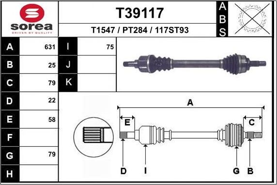 Полуось (привод в сборе, приводной вал) EAI. Артикул T39117