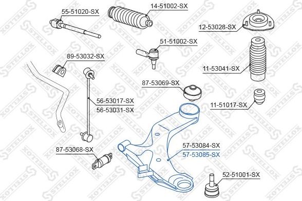 Поперечный рычаг передней подвески Stellox правый для Kia Spectra II 2004-2009. Артикул 57-53085-SX