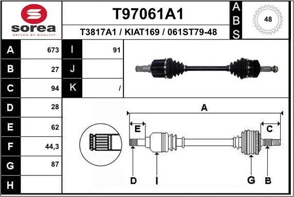 Полуось (привод в сборе, приводной вал) EAI. Артикул T97061A1