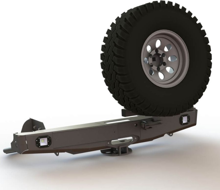 Бампер силовой STC задний для Toyota Hilux VII 2004-2015 с квадратом под фаркоп, площадкой под лебедку, кронштейном крепления запасного колеса справа и фарами заднего хода/ ПТФ. Артикул STC-TH05-BR-W-C2-L2