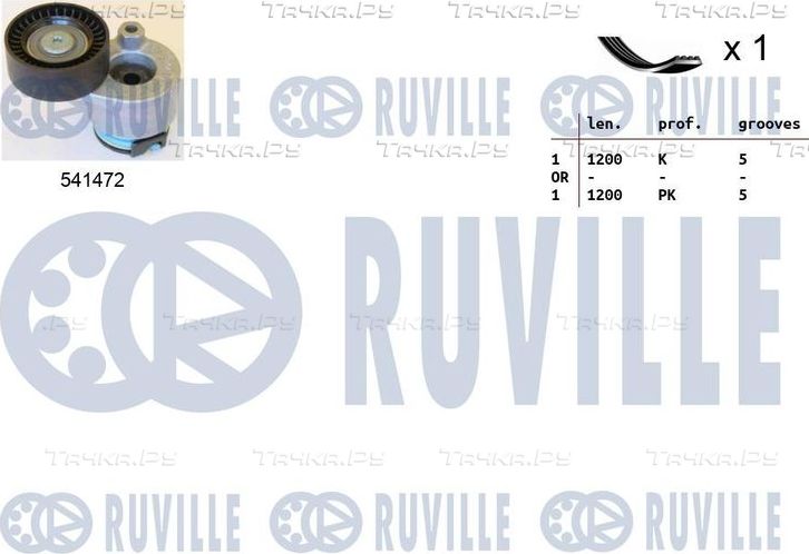 Приводной ремень поликлиновой с роликами (комплект) Ruville для Renault Clio II 2001-2008. Артикул 570062