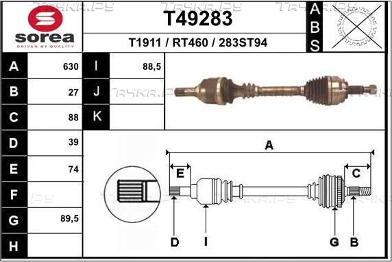 Полуось (привод в сборе, приводной вал) EAI. Артикул T49283