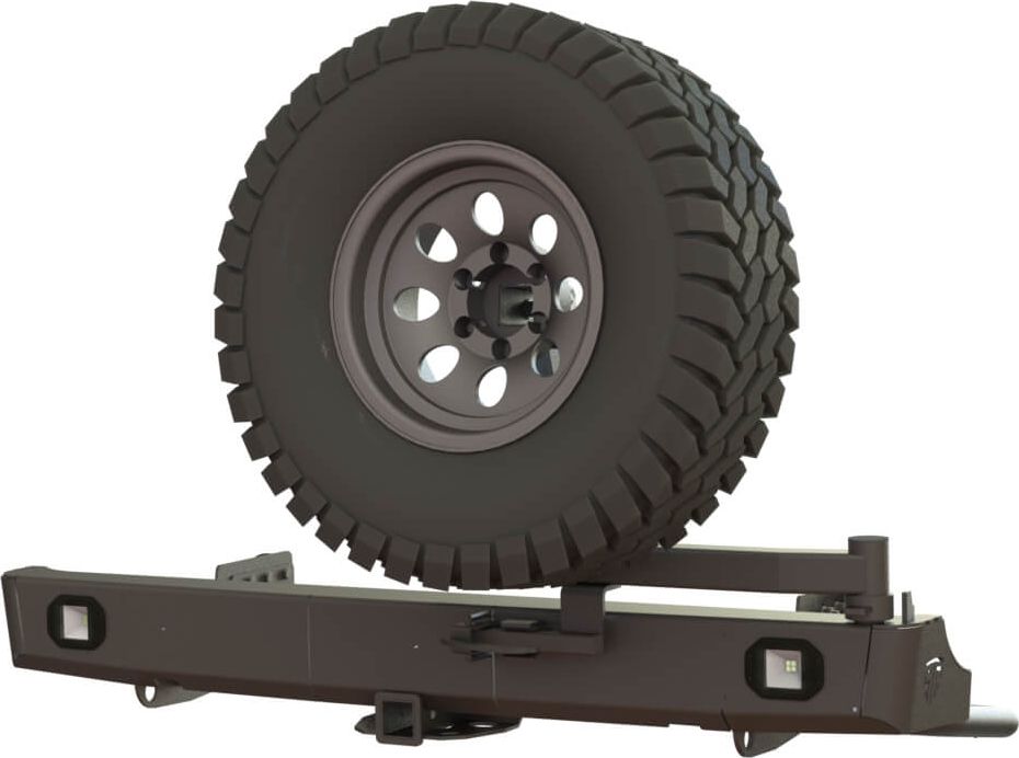 Бампер силовой STC задний для Toyota Hilux VII 2004-2015 с квадратом под фаркоп, кронштейном крепления запасного колеса справа и фарами заднего хода/ ПТФ. Артикул STC-TH05-BR-C2-L2