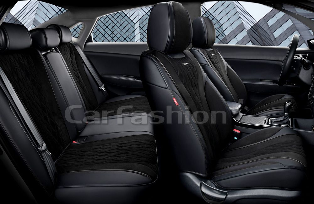 Комплект универсальных каркасных чехлов CarFashion 5D Symbol Plus на сидения авто, цвет Черный/Черный/Черный. Артикул 27250