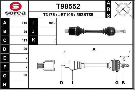 Полуось (привод в сборе, приводной вал) EAI. Артикул T98552