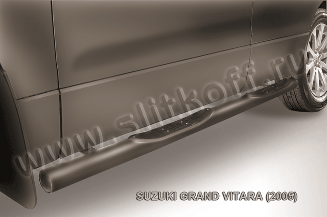 Пороги Slitkoff труба d76 с проступями ЧЕРНЫЕ матовые для Suzuki Grand Vitara III 5-дв. 2005-2008. Артикул SGV05009B