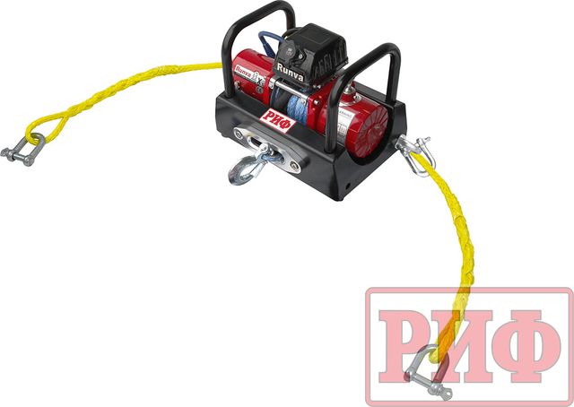 Переносная лебёдка РИФ: 12V Runva 9500 lbs 4350 кг c площадкой на цепях и проводами (в сборе) короткий барабан, синтетический трос. Артикул 9.5XSR-KIT