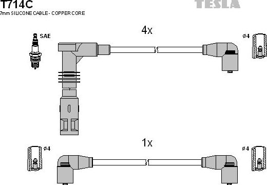 Высоковольтные провода (провода зажигания) (комплект) Tesla для SEAT Toledo I 1991-1999. Артикул T714C