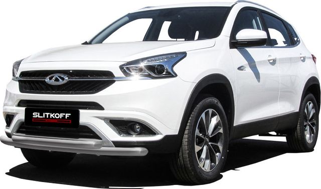 Защита Slitkoff переднего бампера d57/42 двойная для Chery Tiggo 7 2016-2026 Серебристая. Артикул CT7-001S