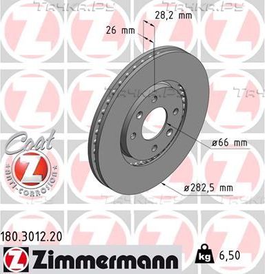 Тормозной диск Zimmermann Coat Z передний для Peugeot 406 I 1995-2004. Артикул 180.3012.20