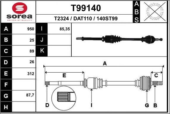 Полуось (привод в сборе, приводной вал) EAI. Артикул T99140