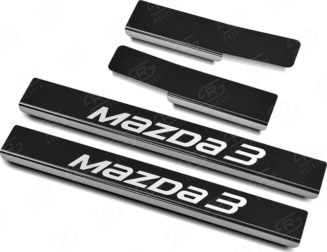 Накладки RusStal на пороги (лист нерж. карбон с надписью) для Mazda 3 III 2013-2018. Артикул MZD313-06