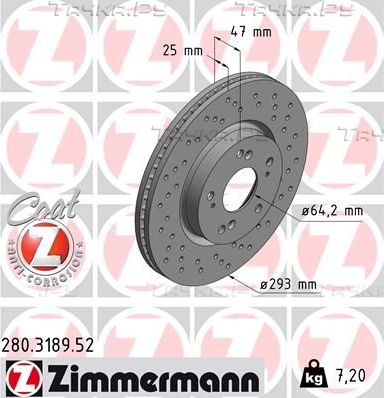 Тормозной диск Zimmermann Sport Coat Z передний для Honda Civic IX 2012-2016. Артикул 280.3189.52