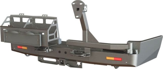 Бампер силовой задний STC для Toyota Land Cruiser 100 1998-2007 с квадратом под фаркоп, площадкой для лебедки, кронштейном крепления запасного колеса справа, кронштейн для 2-х канистр слева и дублирующими фонарями. Артикул STC-TLC100-BR-W-C2C4-L1