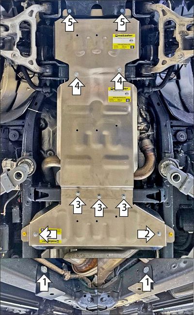 Защита алюминиевая Мотодор усиленная для картера, переднего дифференциала, КПП, раздаточной коробки Dodge Ram 1500 V рестайлинг 2024-2026. Артикул 32914