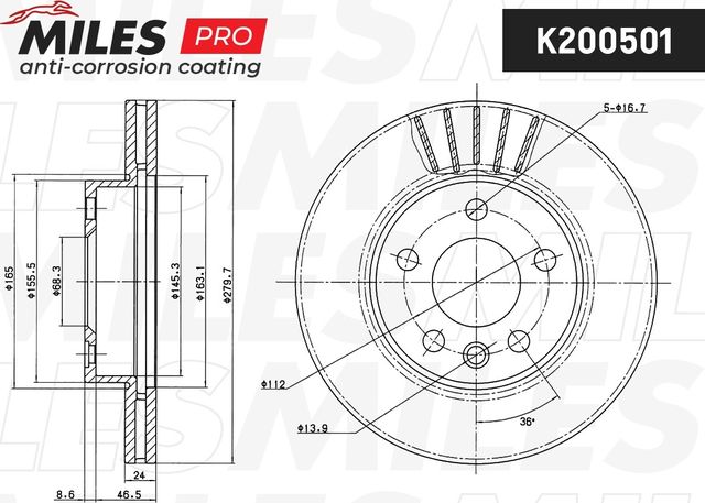 Тормозной диск Miles для Volkswagen Transporter T4 1990-2003. Артикул K200501