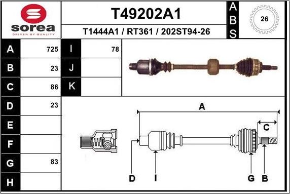 Полуось (привод в сборе, приводной вал) EAI передняя правая для Renault Clio II 2001-2013. Артикул T49202A1