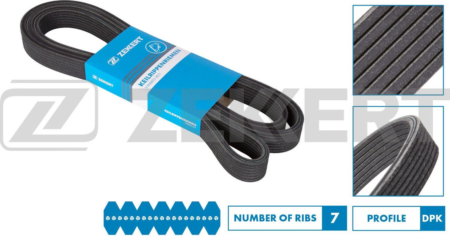 Приводной ремень поликлиновой Zekkert (EPDM (Этилен-пропиленовый каучук)). Артикул KR-7DPK1884